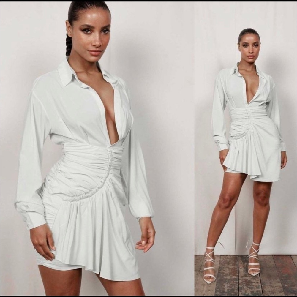 Eros Apparel White Draped Plunge Long Sleeve Mini Dress